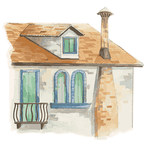 Ilustração de casarão branco, com janelas e portas azuis e verdes, e telhas de madeira.