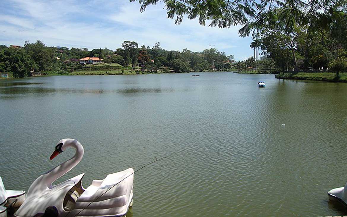 Foto, durante o dia, de pedalinho em forma de cisne em lago de Miguel Pereira.